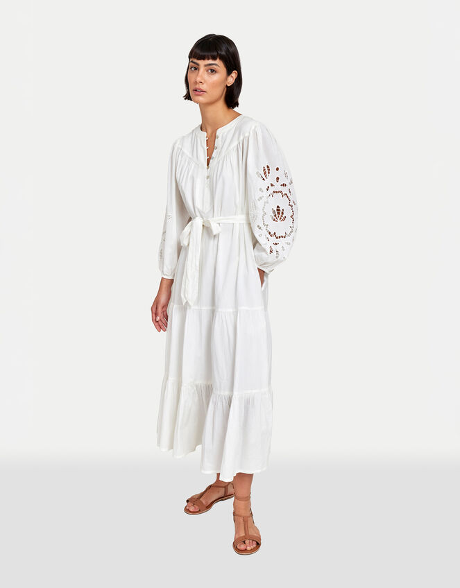 East Bridget Cutwork Tiered Midi Dress, White (WHITE), large