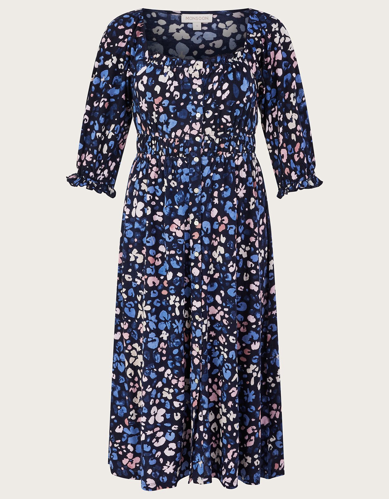 Ditsy Shirred Midi Dress with Sustainable Cotton Blue Midi