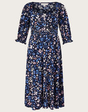 Ditsy Shirred Midi Dress with Sustainable Cotton, Blue (BLUE), large