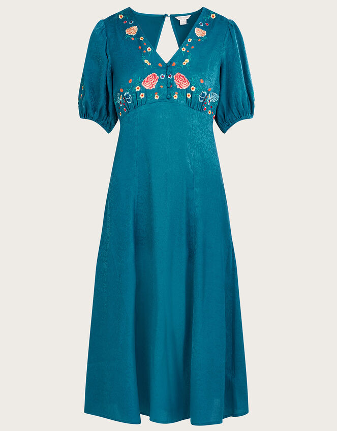 Juliette Embroidered Jacquard Midi Dress in Recycled Polyester, Teal (TEAL), large