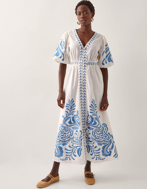 Maria Embroidered Puff Sleeve Midi Dress, White (WHITE), large