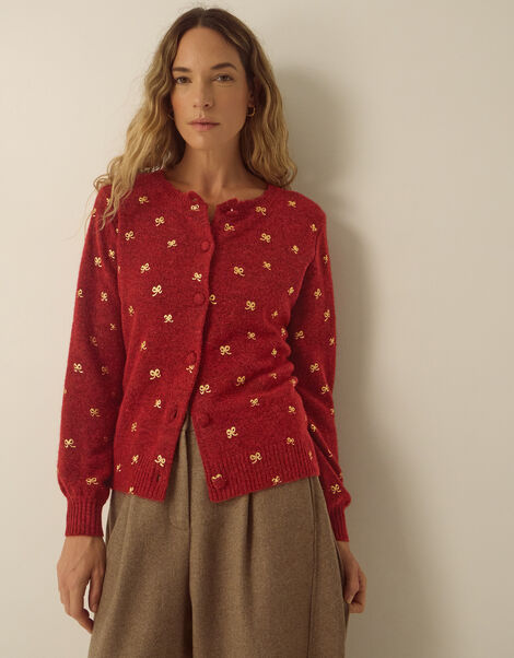 Fee Foil Bow Knit Cardigan, Red (BURGUNDY), large