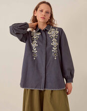East Cora Floral Embroidered Cotton Shirt, Blue (BLUE), large