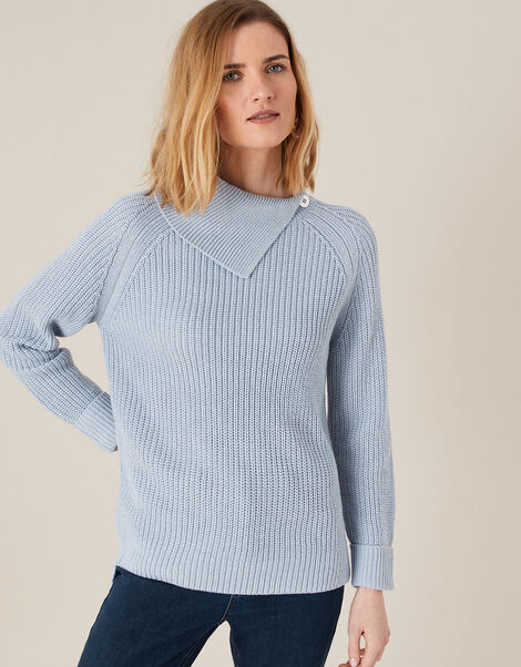 Split Neck Knit Jumper Blue, Blue (BLUE), large