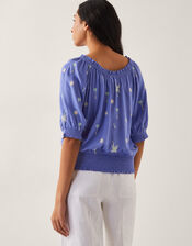 Emily Embroidered Puff-Sleeve Top, Blue (BLUE), large