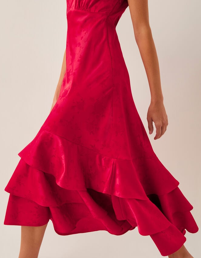 Ester Satin Ruffle Midi Dress, Red (RED), large