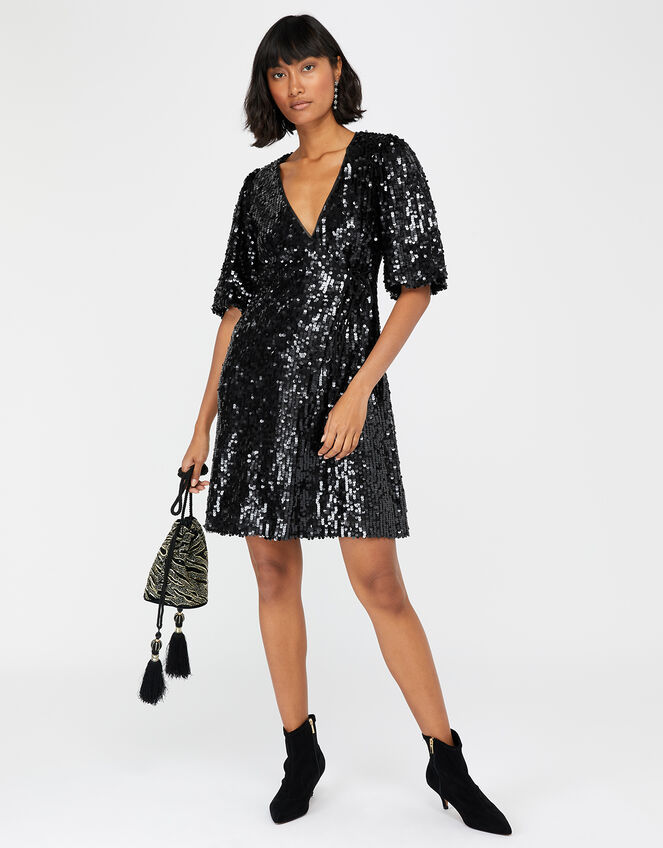Serena Sequin Wrap Dress, Black (BLACK), large