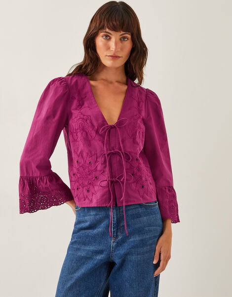 Saoirse Broderie Tie Blouse, Red (BURGUNDY), large