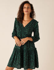 Floral Tiered Short Dress with Organic Cotton, Black (BLACK), large