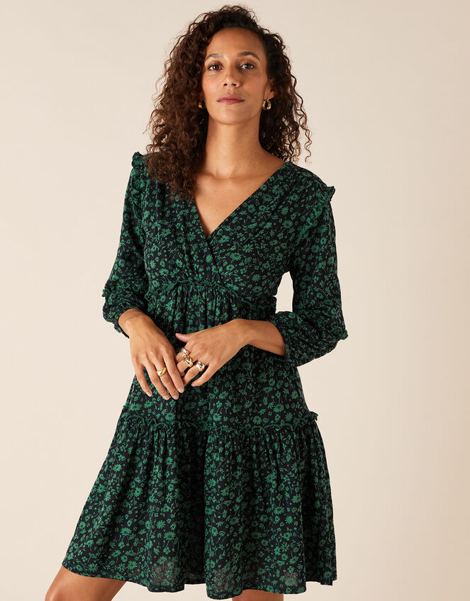 Floral Tiered Short Dress with Organic Cotton, Black (BLACK), large