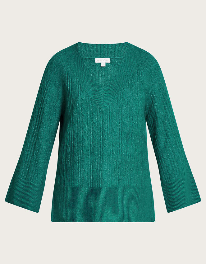 V-Neck Cable Longline Jumper with Recycled Polyester , Green (GREEN), large