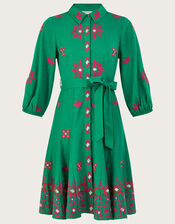 Embroidered Shirt Dress in Linen Blend, Green (GREEN), large