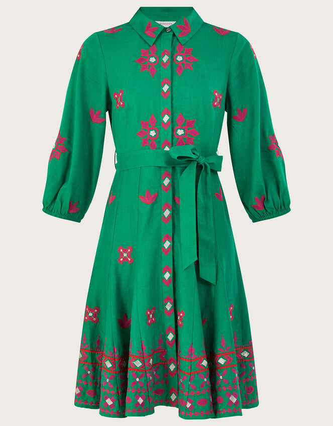 Embroidered Shirt Dress in Linen Blend, Green (GREEN), large