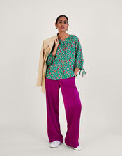 Print Tie Cuff Button Through Linen Blouse, Green (GREEN), large