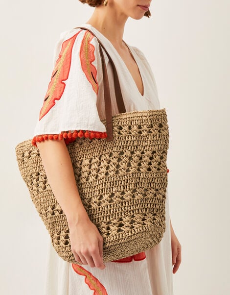 Amber Raffia Crochet Tote Bag, , large