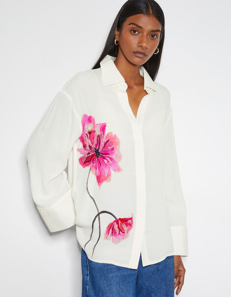 Fleur Embroidered Flower Shirt, Ivory (IVORY), large