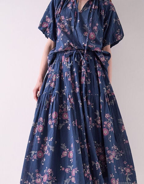 East Layla Floral Print Cotton Midi Skirt, Blue (BLUE), large