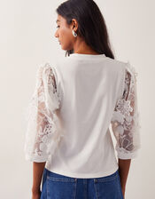 Fi Floral Sheer-Sleeve Top, Ivory (IVORY), large