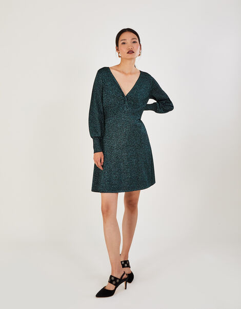 V-Neck Twist Metallic Dress with LENZING™ ECOVERO™ , Green (GREEN), large