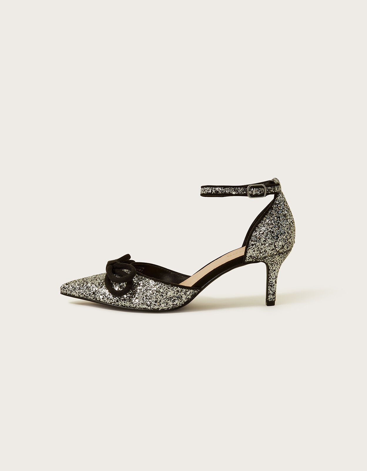 KENNEDI LOW KITTEN HEEL WITH CROSSOVER STRAP IN SILVER GLITTER – Where's  That From UK