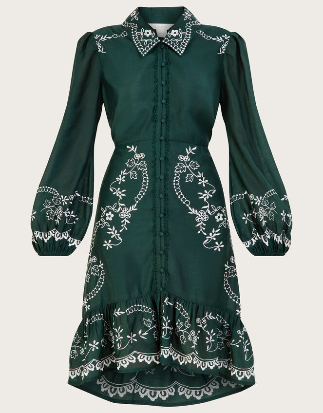 Riley Embroidered Short Shirt Dress in Recycled Polyester, Green (GREEN), large