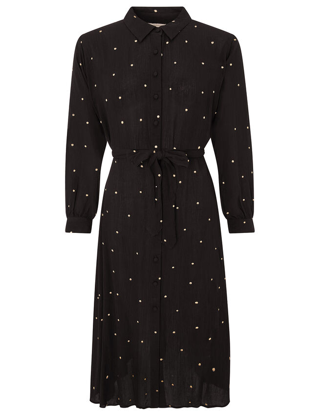 Embroidered Spot Midi Shirt Dress, Black (BLACK), large