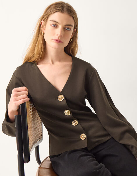 Perna V-Neck Button Jersey Top, Brown (CHOCOLATE), large