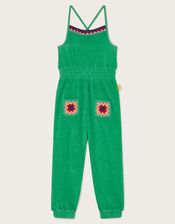 Crochet Trim Towelling Jumpsuit, Green (GREEN), large