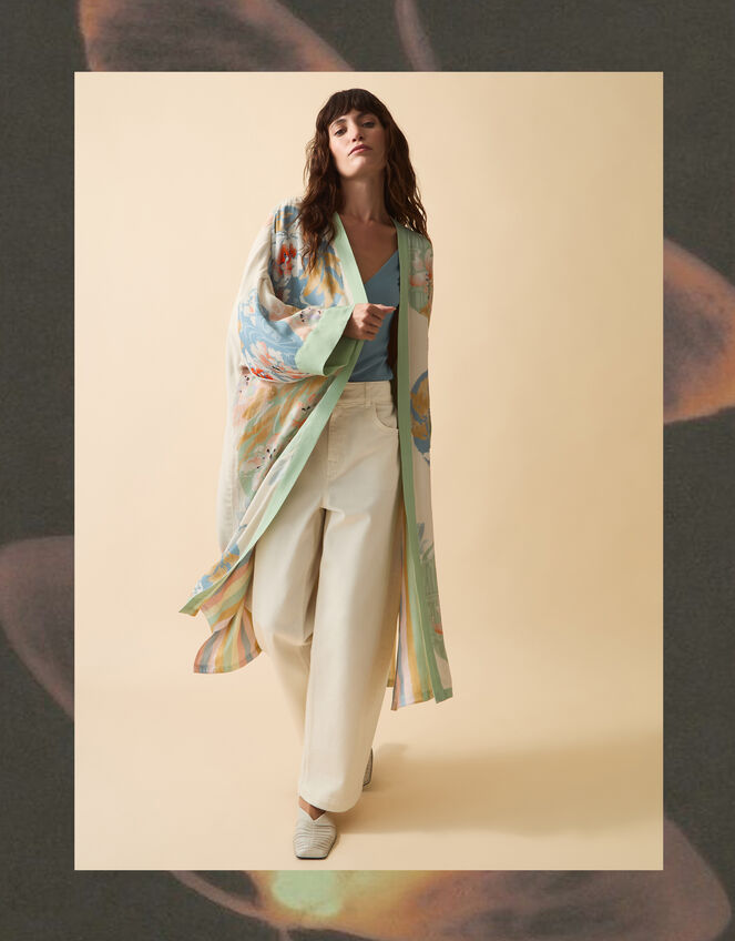 Clemence Amelie Floral Long Kimono, Cream (CREAM), large