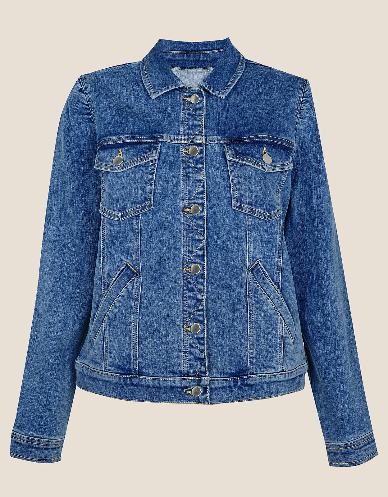 Puff Sleeve Mid Wash Denim Jacket Blue