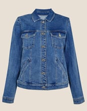 Puff Sleeve Mid Wash Denim Jacket, Blue (DENIM BLUE), large