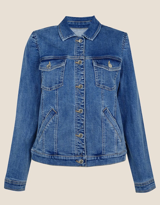 Puff Sleeve Mid Wash Denim Jacket, Blue (DENIM BLUE), large