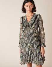 Geometric Print Pleated Dress, Grey (GREY), large