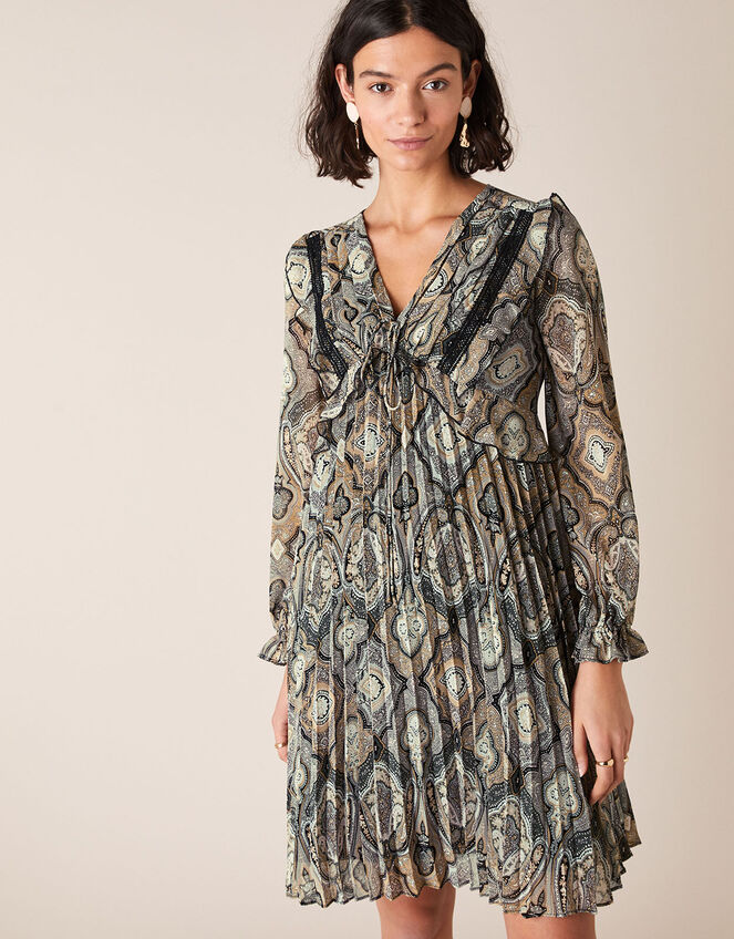 Geometric Print Pleated Dress, Grey (GREY), large