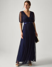 Ellie Sheer Sleeve Plunge Tulle Maxi Dress, Blue (NAVY), large
