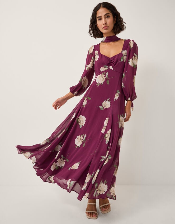 Amber Floral Print Midi Dress & Scarf, Red (BURGUNDY), large