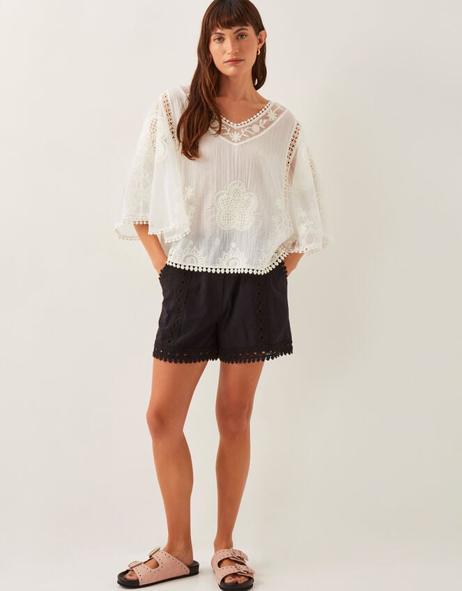 Lena Sheer Embroidered Angel Sleeve Top, White (WHITE), large