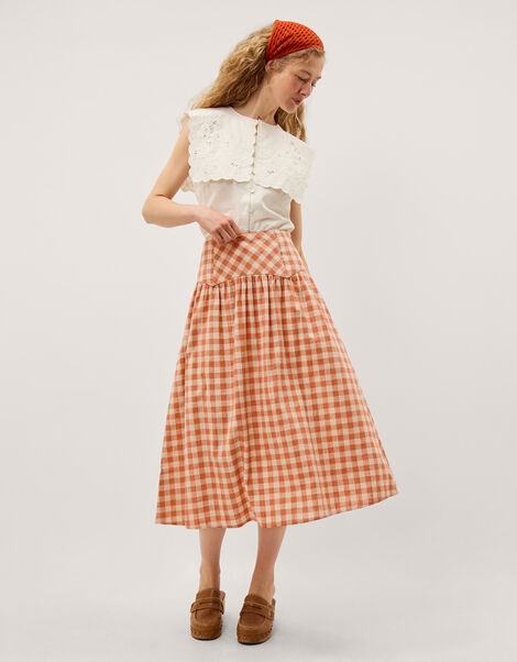 Hattie Gingham Midi Skirt, Orange (CORAL), large