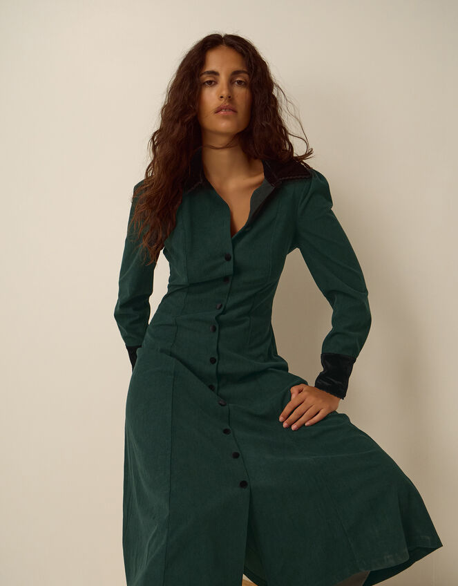 Saba Collar Corduroy Midi Dress, Green (DARK GREEN), large
