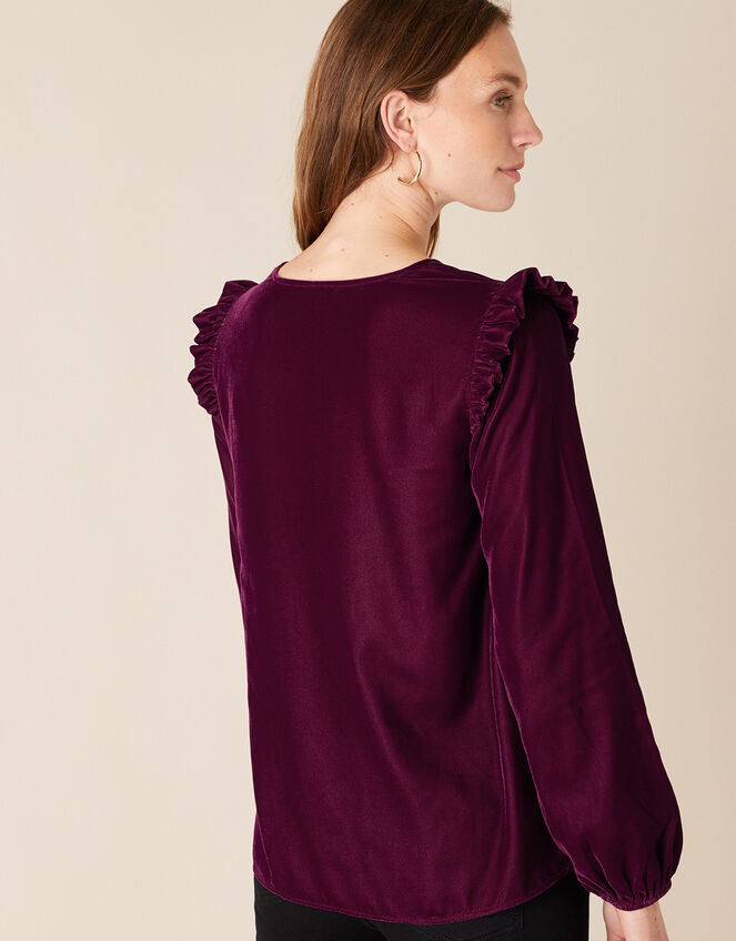 Velvet Ruffle Trim Top, Purple (PLUM), large