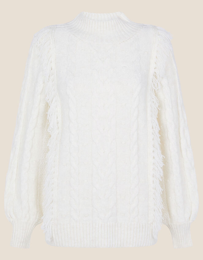 Cable Knit Bobble Fringe Sweater, Ivory (IVORY), large