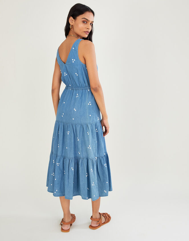 Denim Embroidered Midi Sundress, Blue (BLUE), large