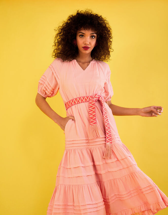 Short Sleeve Plain Dress with Embroidered Belt, Orange (PEACH), large