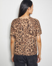 Amy Leopard Print Short Sleeve Sweater, Brown (BROWN), large