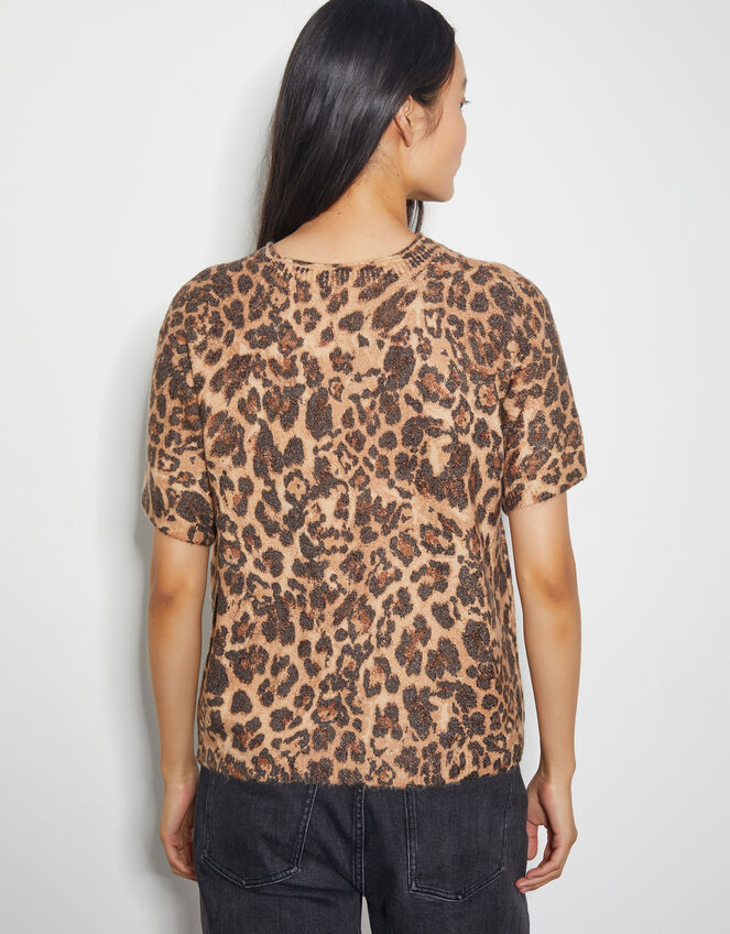 Amy Leopard Print Short Sleeve Sweater, Brown (BROWN), large