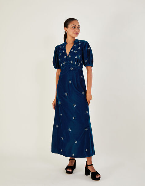 Patrice Velvet Embroidered Tea Dress Blue, Blue (COBALT), large