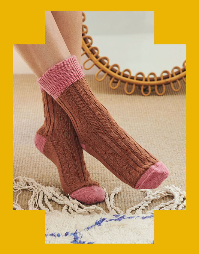 Catherine Tough Cashmere Knit Socks, LIGHT BROWN, large