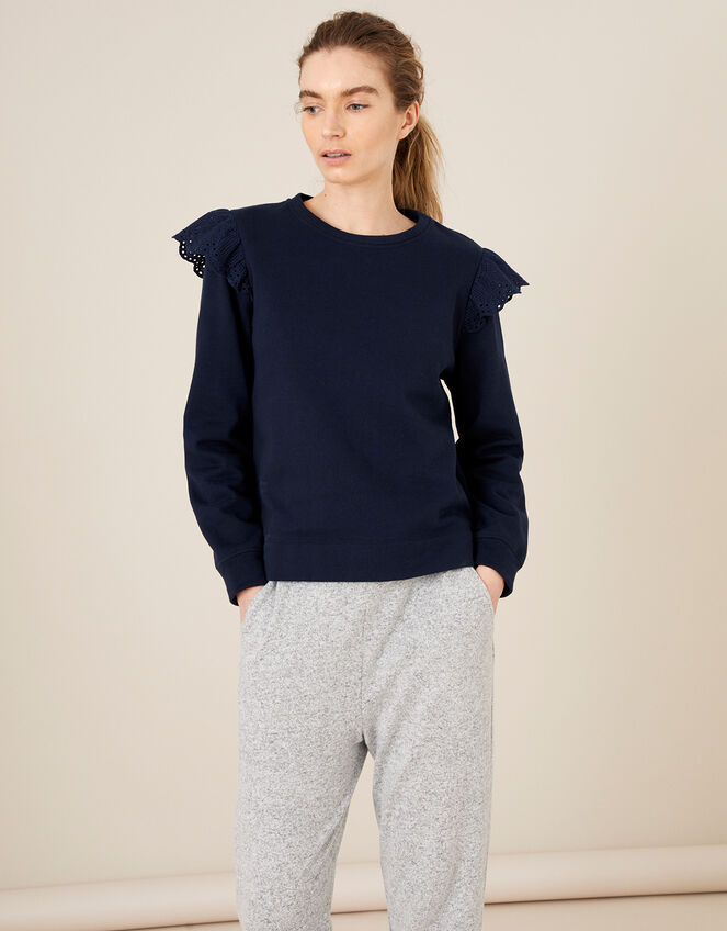 LOUNGE Barbara Broderie Shoulder Jumper, Blue (NAVY), large