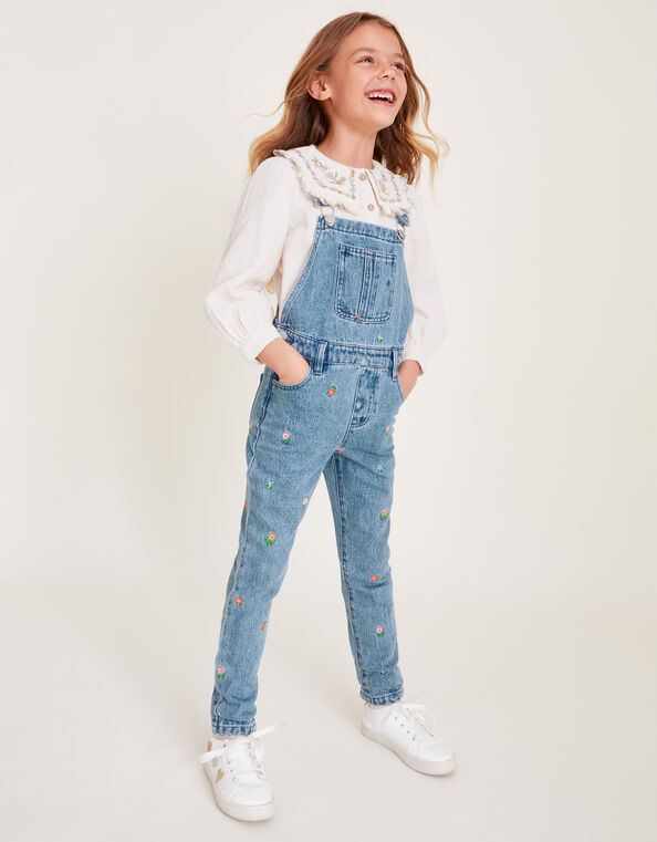 Floral Embroidered Denim Dungarees, Blue (BLUE), large