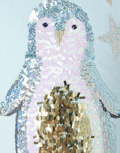 Sequin Penguin Christmas Top in Organic Cotton, Blue (BLUE), large
